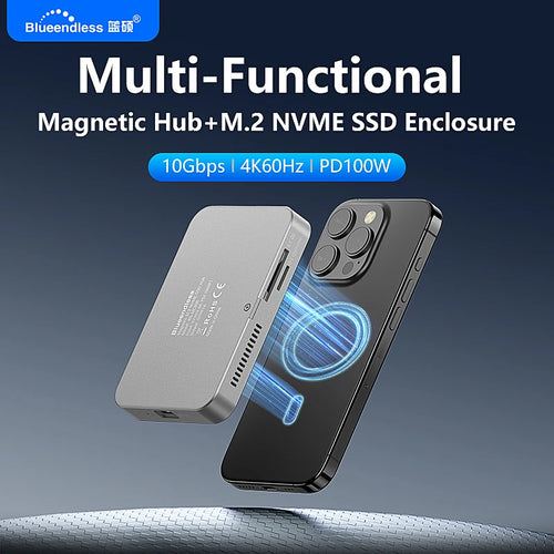 Blueendless 8 In HUB M.2 2230 2242 2280 Magnetic NVME SSD Docking Station 10Gbps 100W PD 4K60HZ HDTV SSD Enclosure Cooling Fan