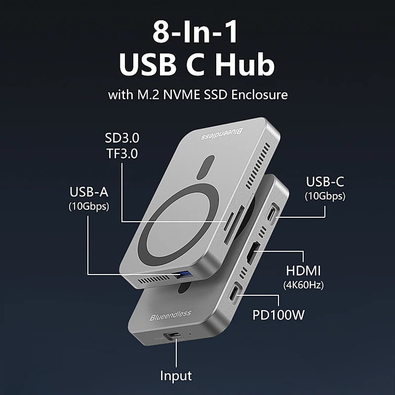 Blueendless 8 In HUB M.2 2230 2242 2280 Magnetic NVME SSD Docking Station 10Gbps 100W PD 4K60HZ HDTV SSD Enclosure Cooling Fan