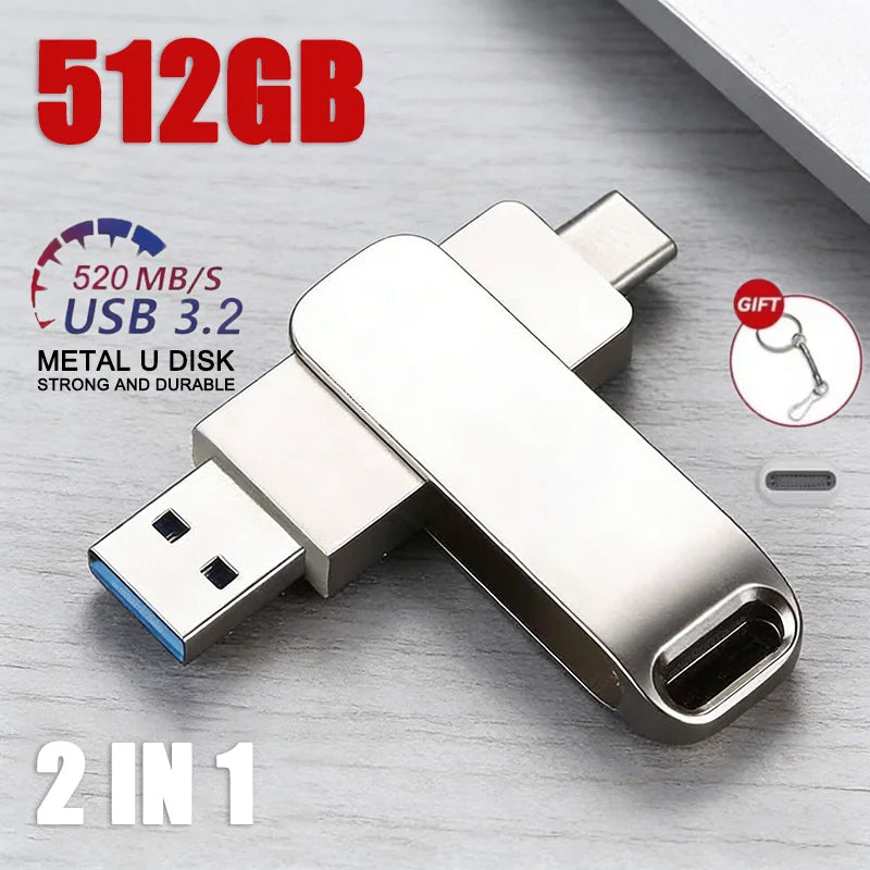 For Xiaomi 512GB USB 3.2 2in1 Flash Drives U Disk 256GB High Speed Metal Pendrive WaterProof Type-C Memoria USB Stick USB Drives