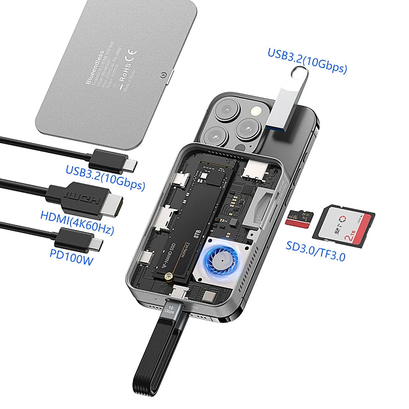 Blueendless 8 In HUB M.2 2230 2242 2280 Magnetic NVME SSD Docking Station 10Gbps 100W PD 4K60HZ HDTV SSD Enclosure Cooling Fan